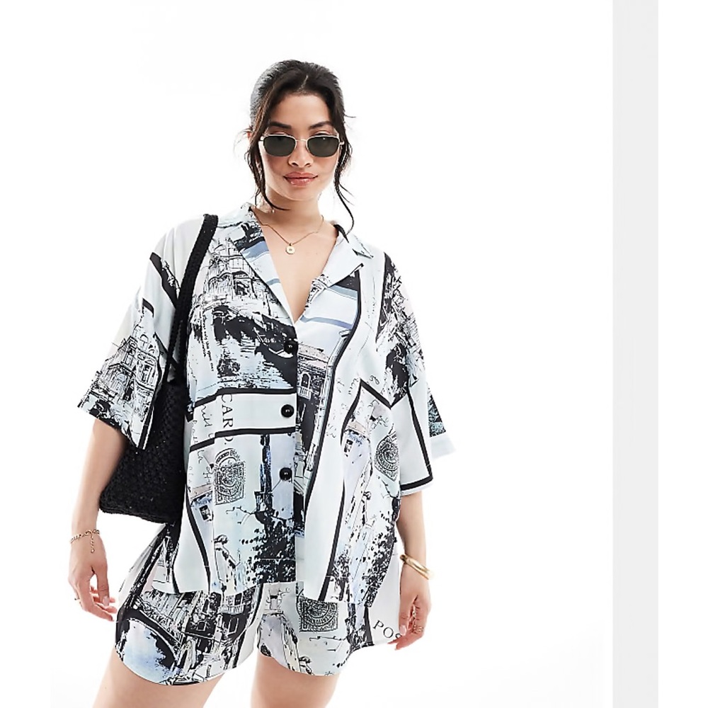 ASOS DESIGN Curve Satin Revere Shirt Newspaper Print🖤